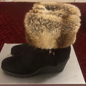 Women's Black Faux Fur Wedge Ankle Boots